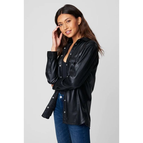 BlankNYC Good Call Shacket Black Vegan Faux Leather Button Snap - Picture 2 of 12